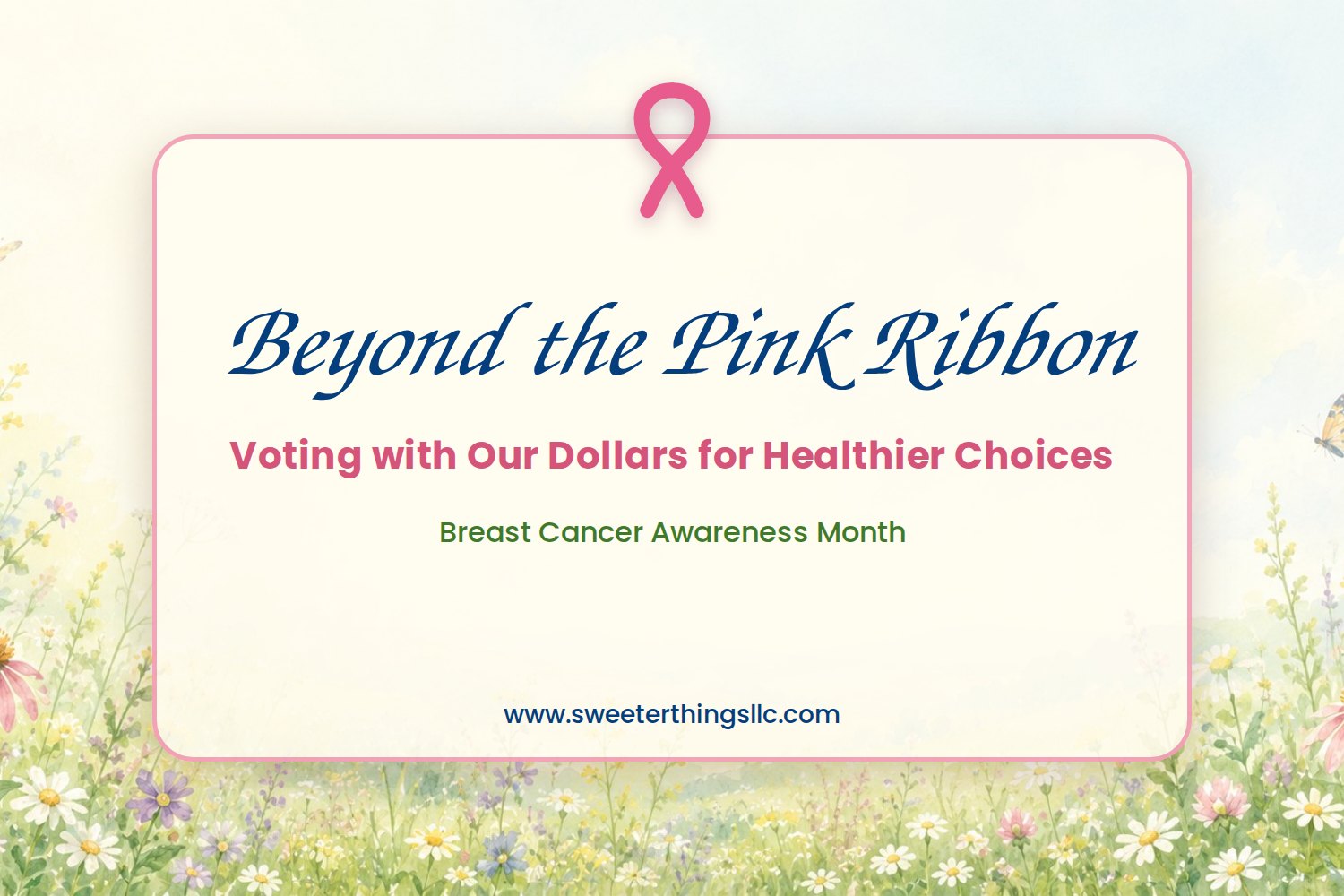 Pink awareness ribbon above the words Beyond the Pink Ribbon on a soft wildflower meadow background