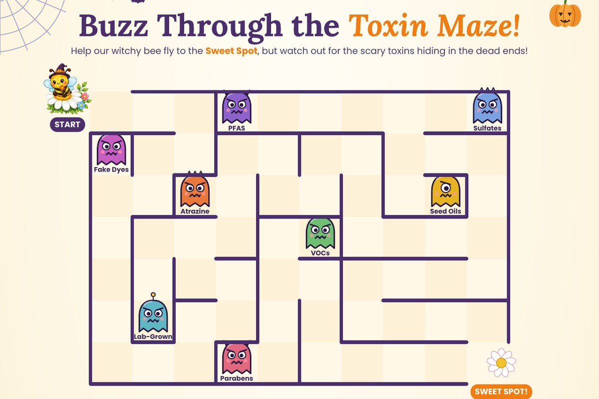Halloween toxin maze activity showing friendly monsters labeled with everyday toxins
