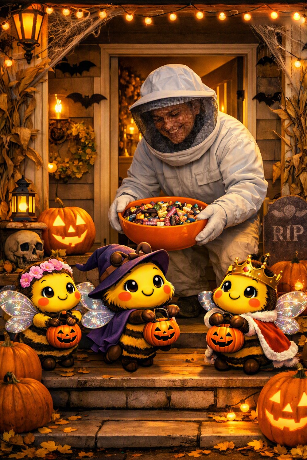 A friendly beekeeper in a white bee suit hands a bowl of candy to three tiny bees in Halloween costumes on a porch decorated with glowing jack-o'-lanterns